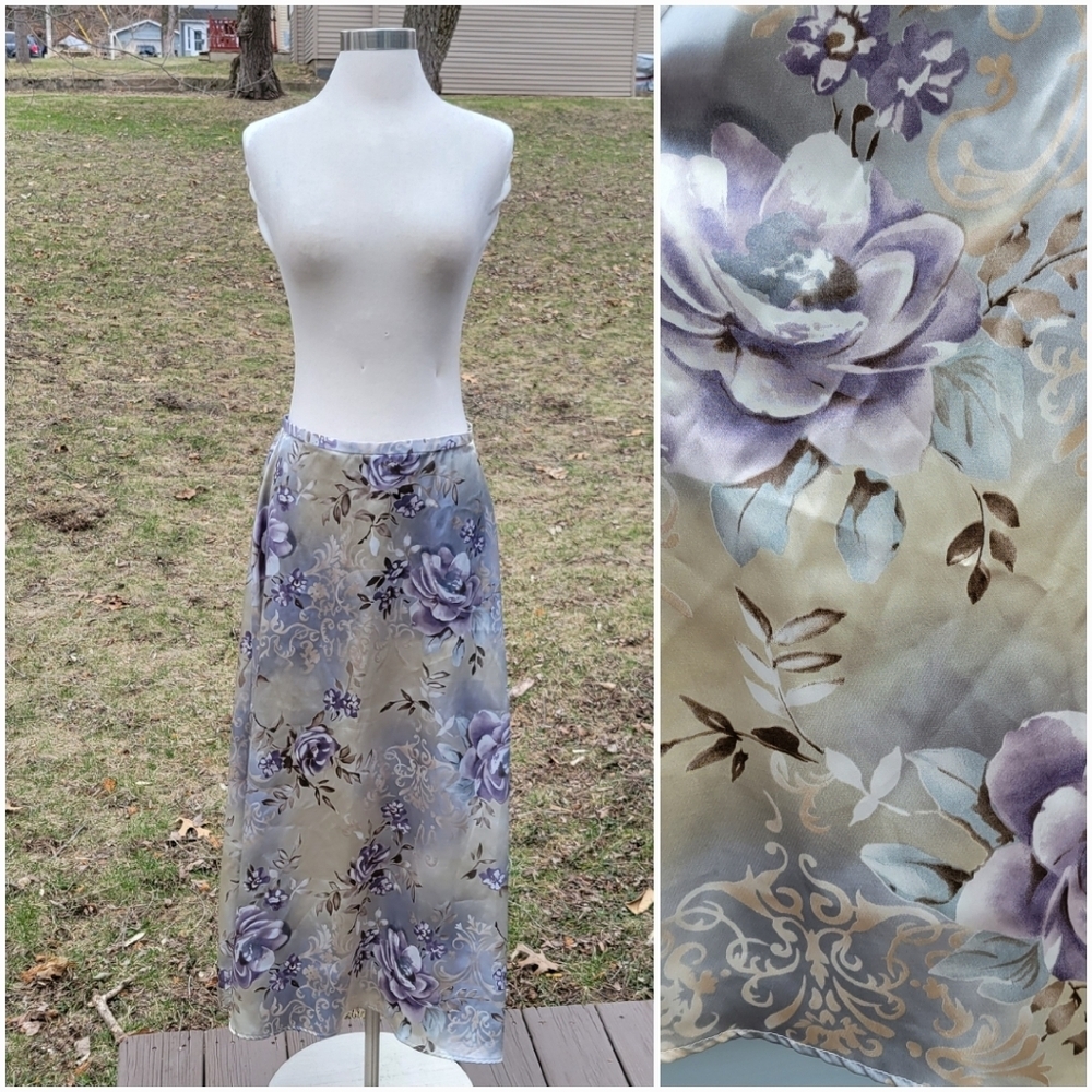 Vintage 90s‎ y2k Kathy Lee Blue Tan Satin Purple Floral Midi Slip Skirt 12